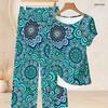 Women Plus Size Round Neck Short Sleeve Knot Hem Red White Striped Printed Two Piece Pants Set