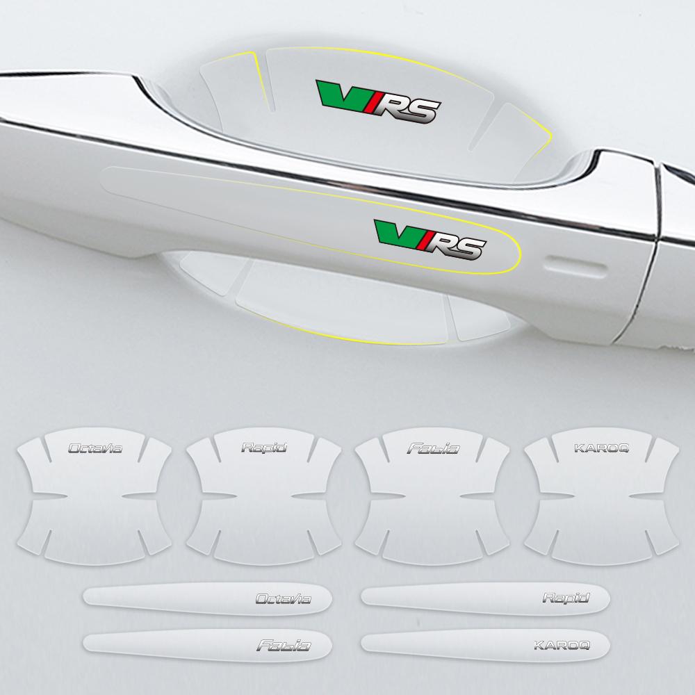BTL3 4/8Pcs PVC Door Handle Cup Badge Sticker Door Bowl Decal For Skoda Octavia A2 A5 Rapid Fabia Superb Kodiaq Scala Karoq Kamiq VRS
