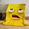 Bright yellow cartoon face with large eyes and an open mouth showing pink. for all seasons blanket lunch break throw gift