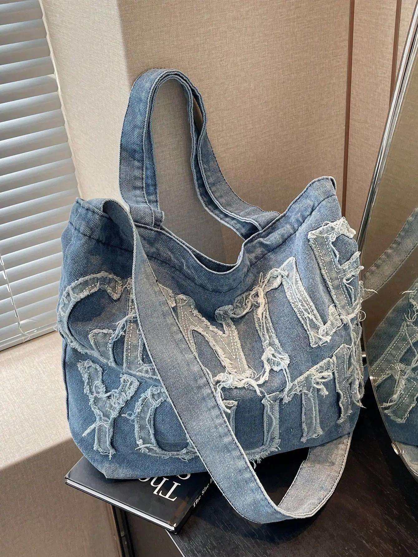

Minimalist Style Raw Edge Letter Design Jeans Canvas Tote Bag, Solid Color Large Capacity Shoulder Bag, Suitable For Women