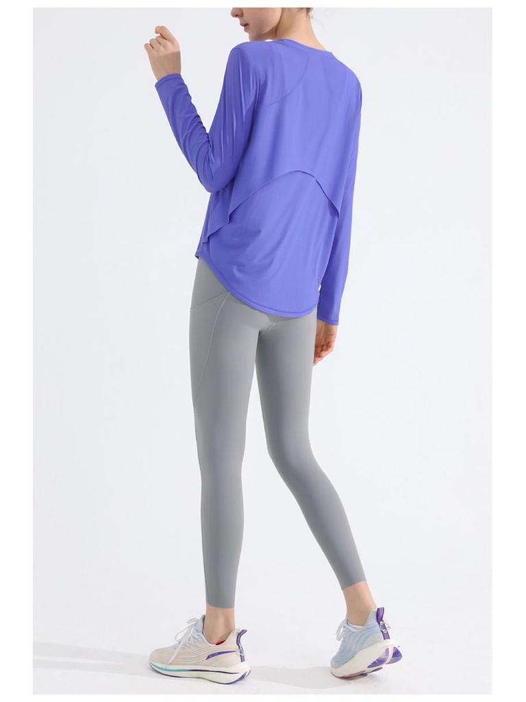 Women's Long-Sleeve Quick-Dry Yoga Top: Nude Open Back, Breathable, Loose Fit, Sun Protection for Running and Fitness.