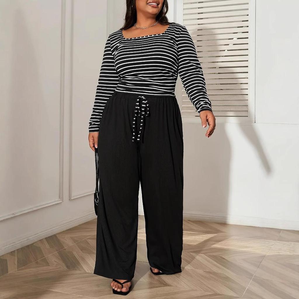 Women's Plus Size Casual Striped Long Sleeve Top Long Pants Suit