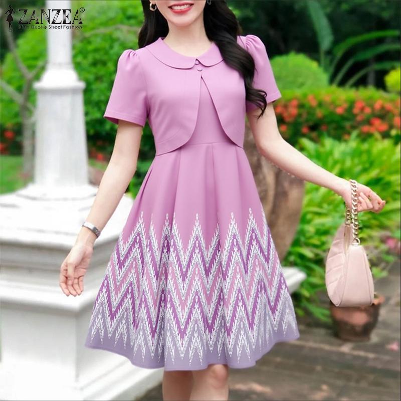 

ZANZEA Women Summer Doll Collar Casual Short Sleeve Patchwork Print Dress 5XL кларет