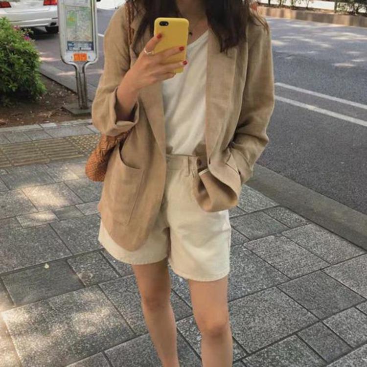 Women Casual Cotton Linen Blazer Jacket Long Sleeve OL Work Coat Suit for Spring Summer One Button Casual Office Wear