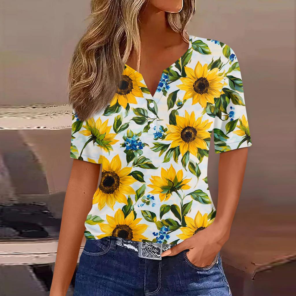 Women's T Shirt Print Button Short Sleeve Daily Weekend Fashion Basic V-Neck Regular Top