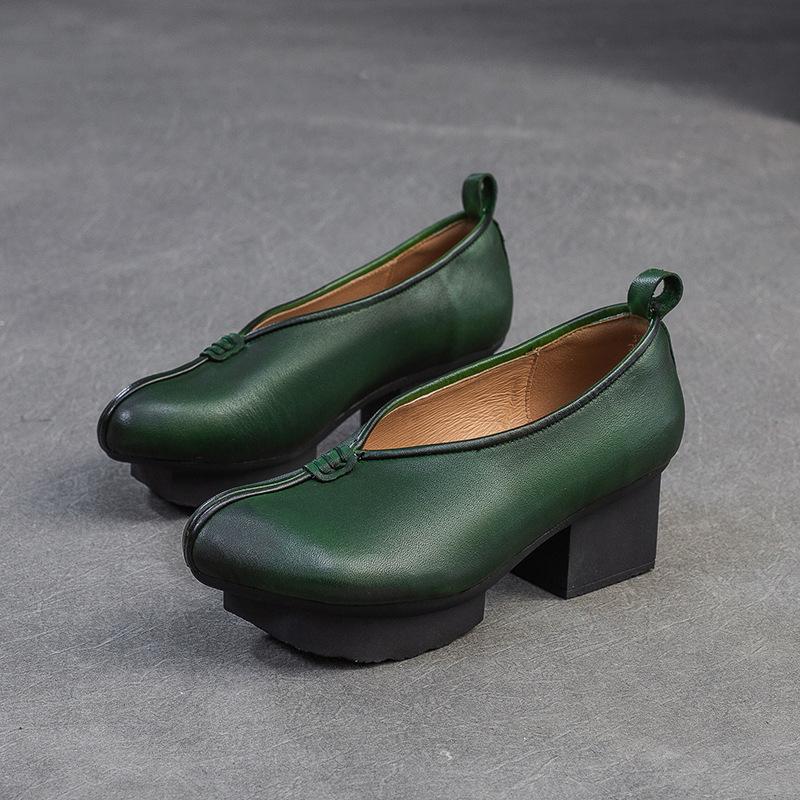 Johnature Hakiki Deri Yüksek Topuklu Retro Yuvarlak Burunlu Pompalar Çok Yönlü Kalın Topuklu Kadın Ayakkabıları