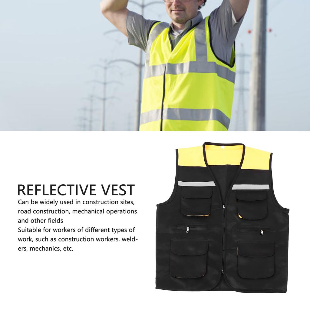 Work Vest Reflective Multi Pockets Practical Engineer Vest for Construction Site Mechanical Operation Black 3xl