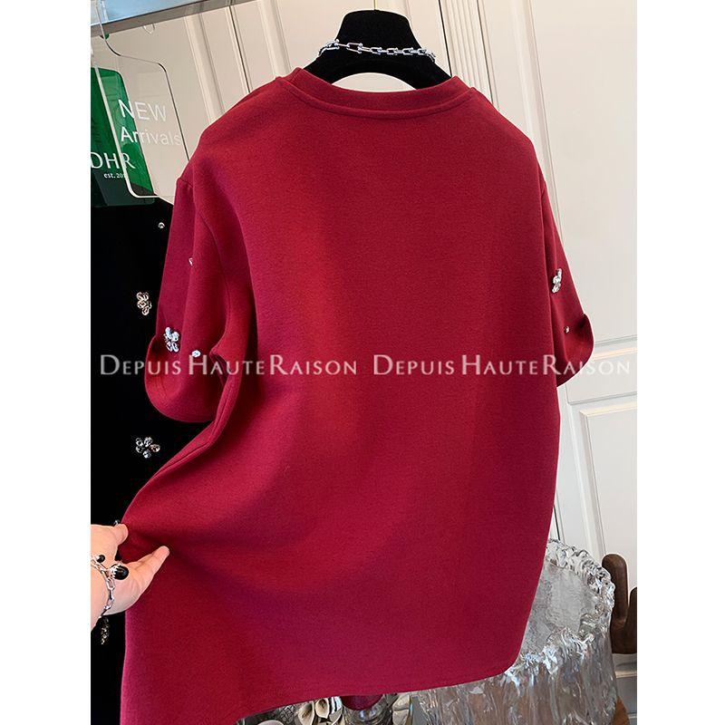 Four Seasons Youth Autumn New Heavy Industrial Rhinestone Thickened Short-sleeved T-shirt Women Fashion Age-reducing Base Shirt