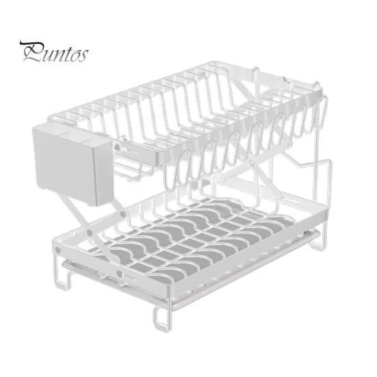 Drain Dish Rack with Wine Glass Holder Strong Load-bearing Height Adjustable 2-Tier Kitchen Counter Drying Rack Utensil Holder