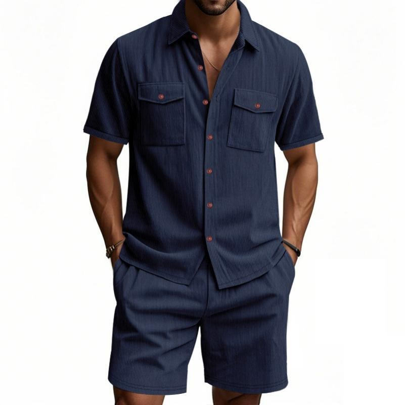 Summer Men's Solid Color Pocket Shirt, Short-sleeved Shorts, Two-piece Suit