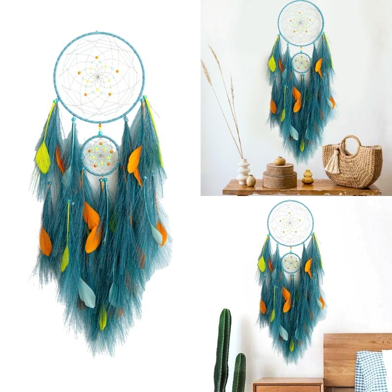 Handcrafts Feathered Dreamcatchers Ornament with Pampas Grass and Colorful Beads Hanging Decors for Home Wall Decoration