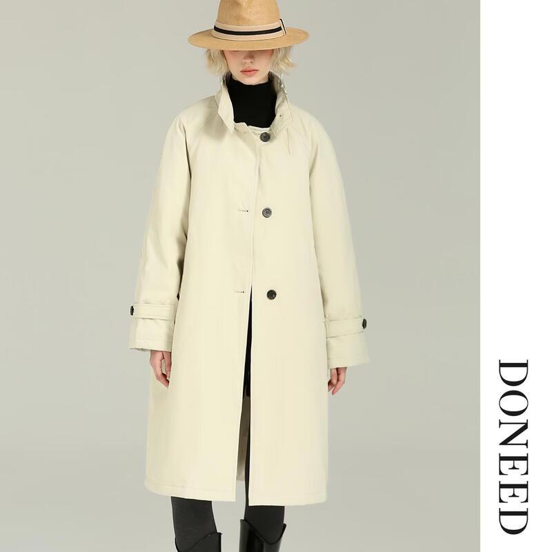 DONEED Women's Mid-Length Down Jacket - Minimalist Stand-Collar Winter Coat
