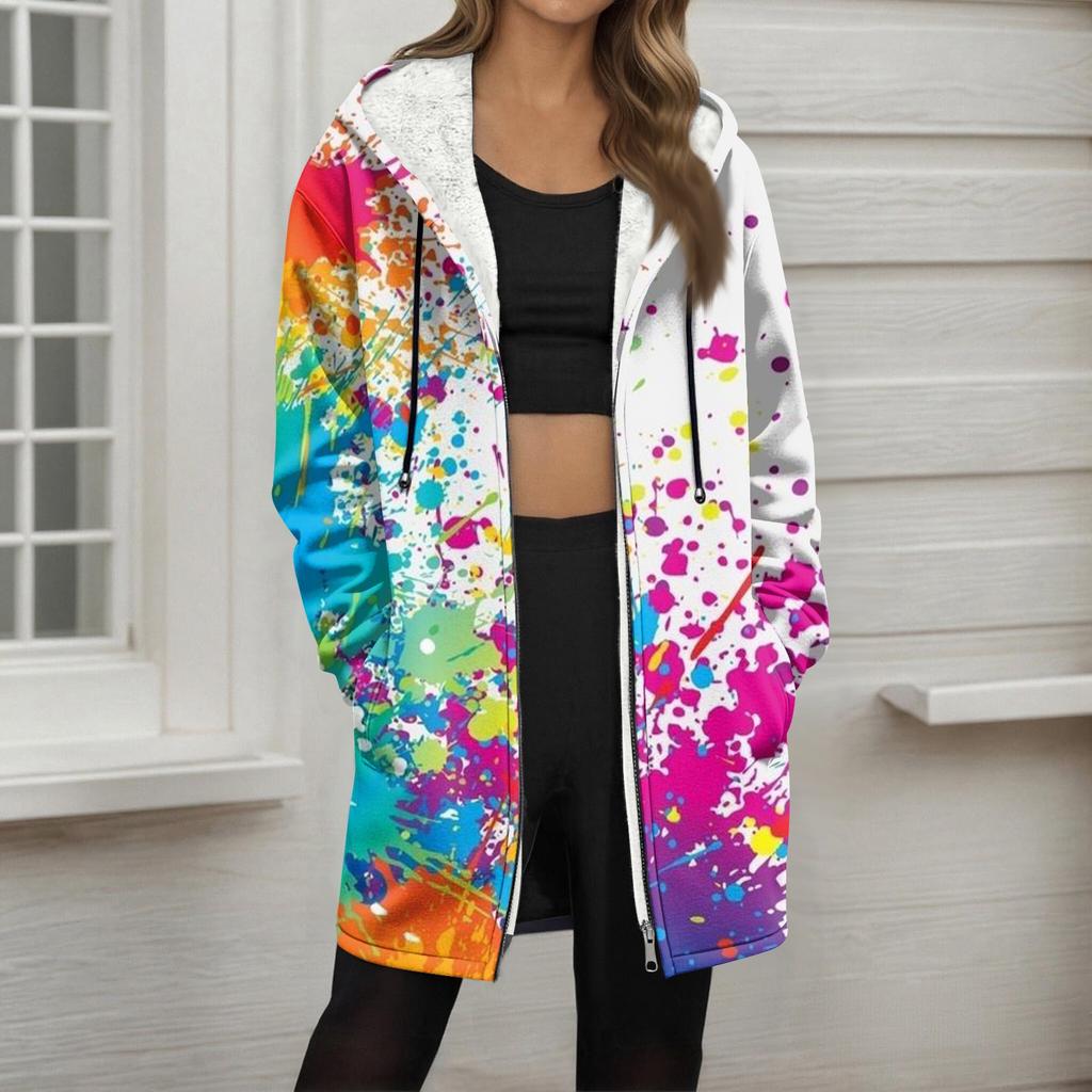 Women's Gradient Print Fashionable Loose Zipper Fleece Hoodie Jacket