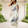 Women Plus Size Round Neck Short Sleeve Blue Printed Loose Long Dress With Side Pockets