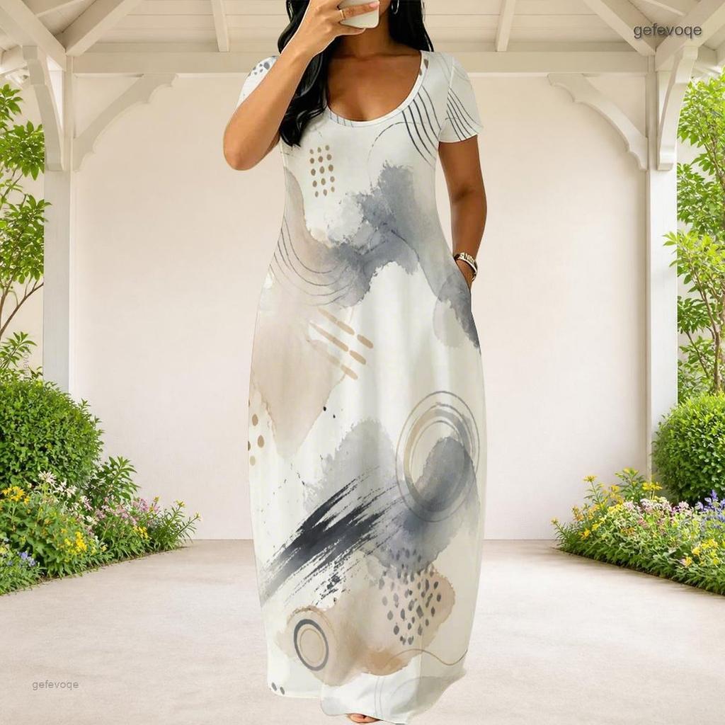 Women Plus Size Round Neck Short Sleeve Blue Printed Loose Long Dress With Side Pockets
