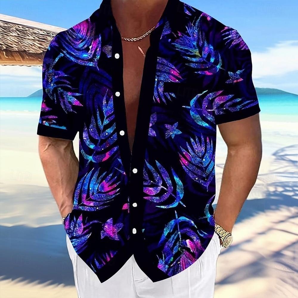 Herren Blätter Tropische Pflanzen Neon Leuchten Sommer Hawaiianisches Hemd Aloha Hemd Kurzarm Hawaiianischer Urlaub Strandkleidung Sommer