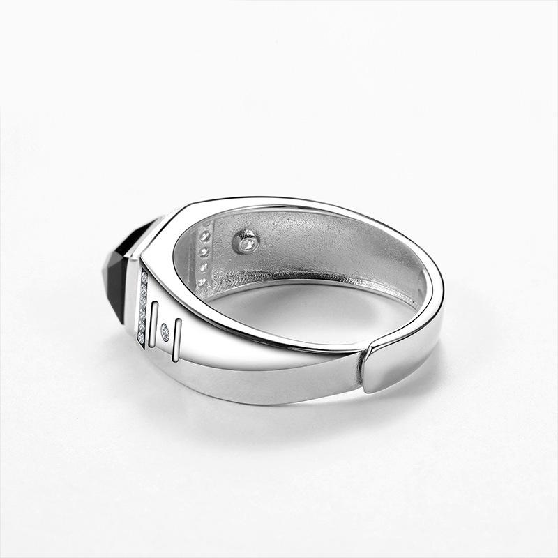 Men's Sterling Silver 925 Black Agate White Gold Plated Open Ring