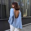 Women Backless Loose Knit Sweater Solid Color Oversized Pullover