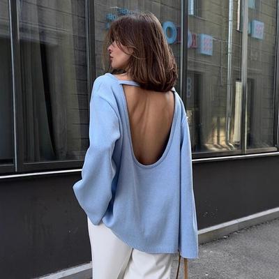 Women Backless Loose Knit Sweater Solid Color Oversized Pullover