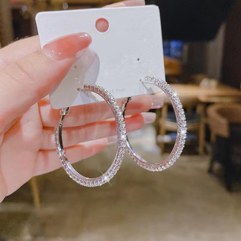 1Pair Fashion Rhinestone Hoop Earrings Big Circle Earrings Simple Exaggerate Earrings Big Circle Loop Earrings For Women Jewelry