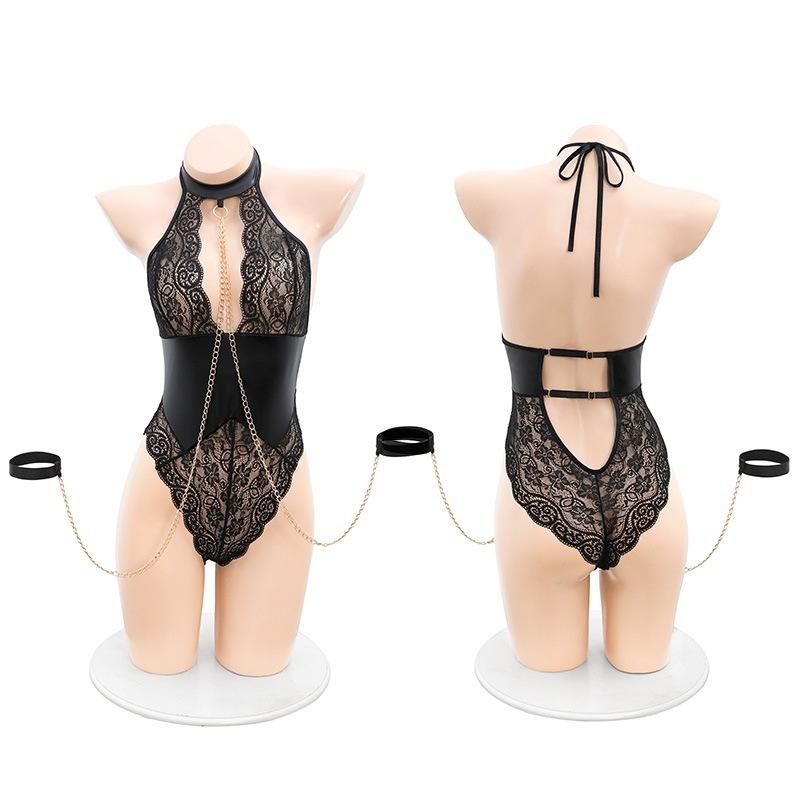 Sex Underwear Sexy Chain Traction Lace Backless Perspective Onesie Neck Imitation Leather Nightclub Wear