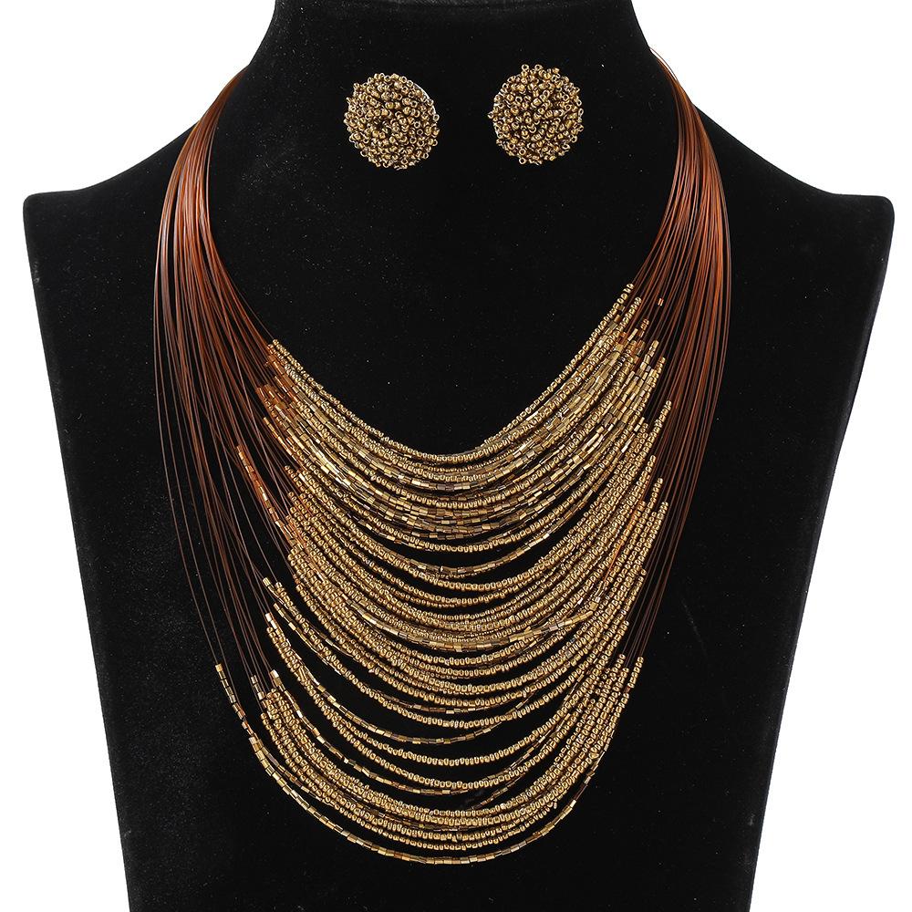 Bohemian Multi-Layer Rice Bead Necklace Earrings Set Retro Ethnic Style Sweater Chain Women'S Multi-Layer Jewelry