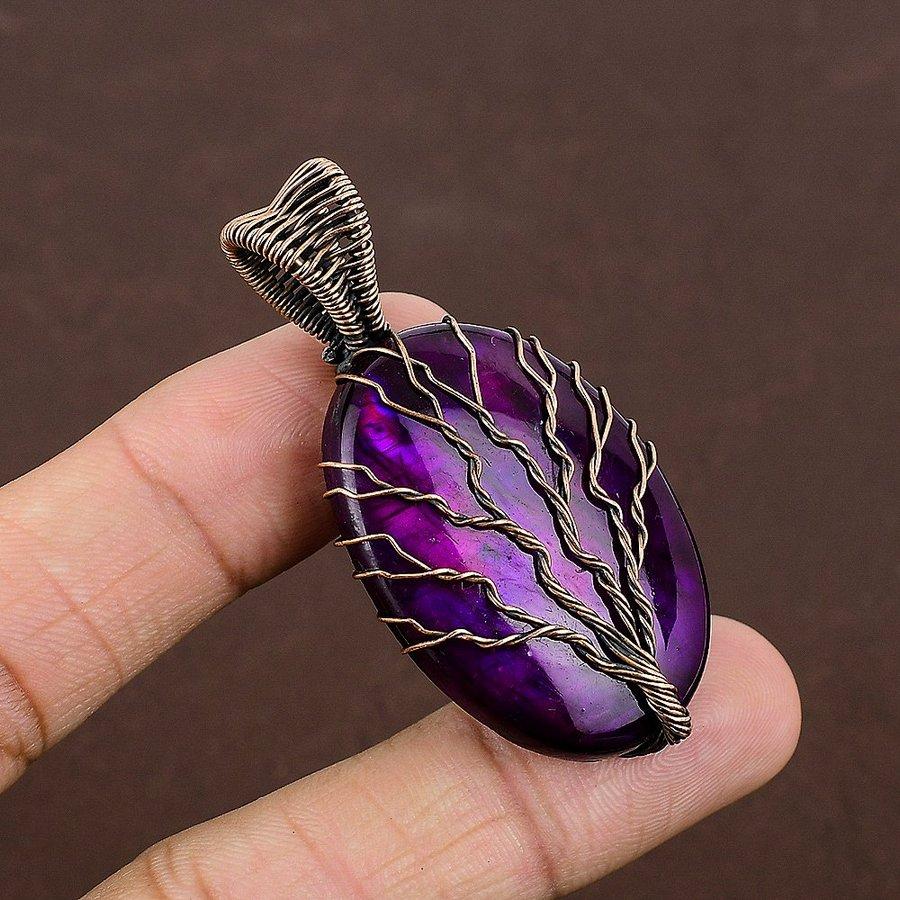 Natural Purple Labradorite Gemstone Copper Wire Wrap Gift Pendant 2.17" H6u25