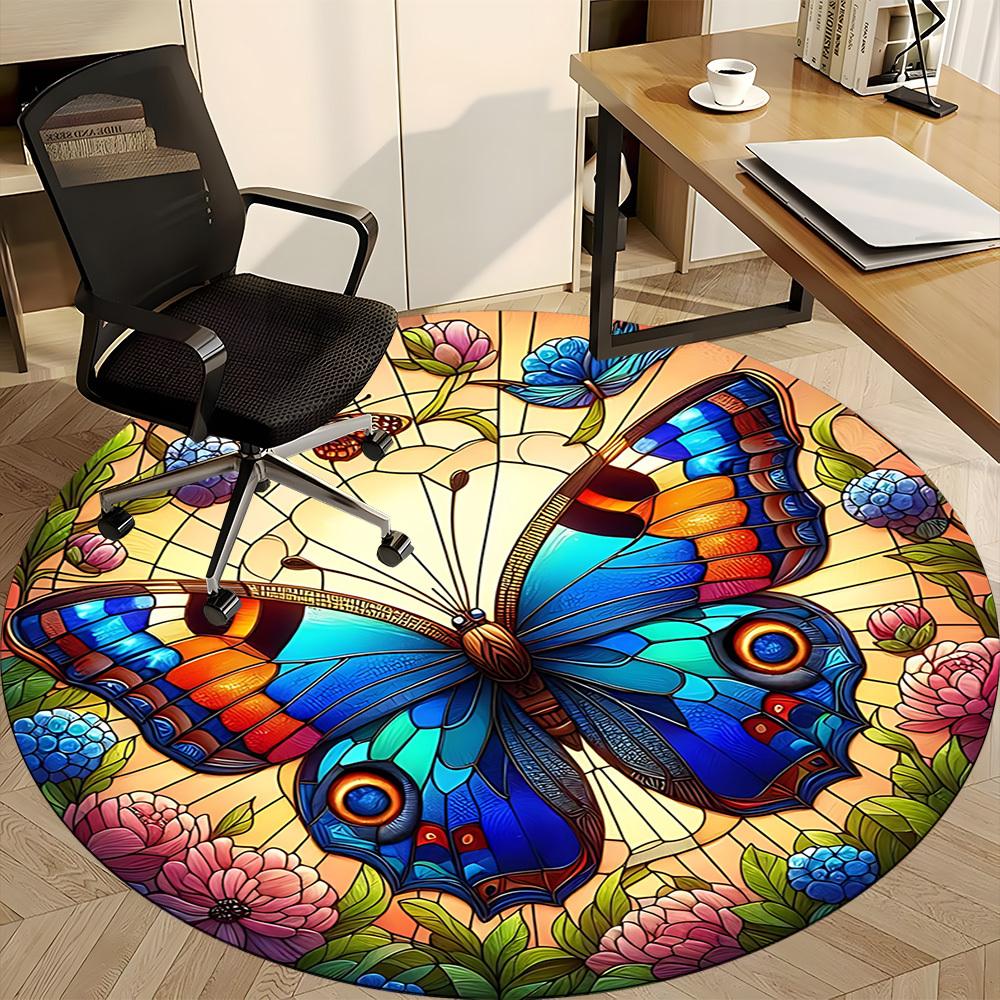 1PC Butterfly Garden Office Round Area Rug, Mat Suitable For Office, Under Office Chairs Bedroom Living Room Home Decor, Room Deco