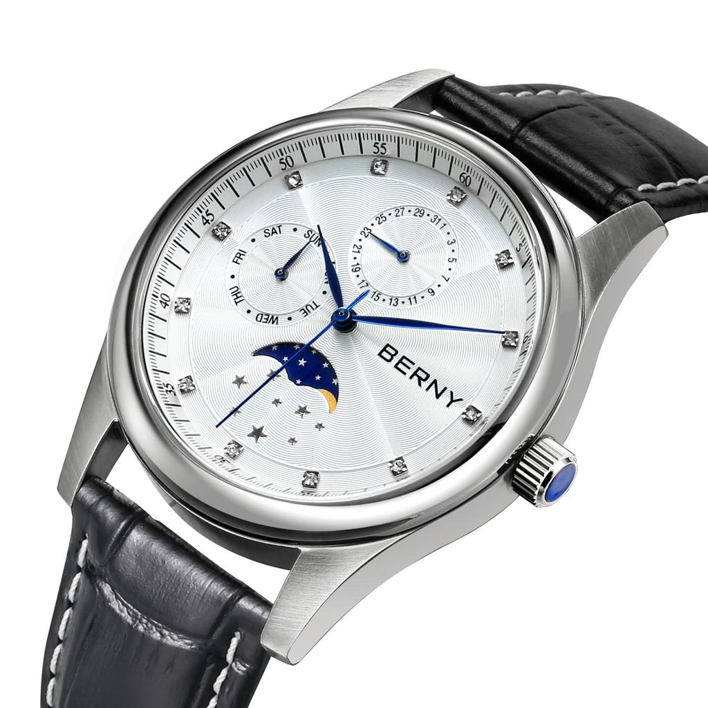 BERNY Multifunctional Quartz Watch Calendar and Moon Phase Watch Stainless Steel Case and Leather Quartz Men's Band, Black, Watch. …