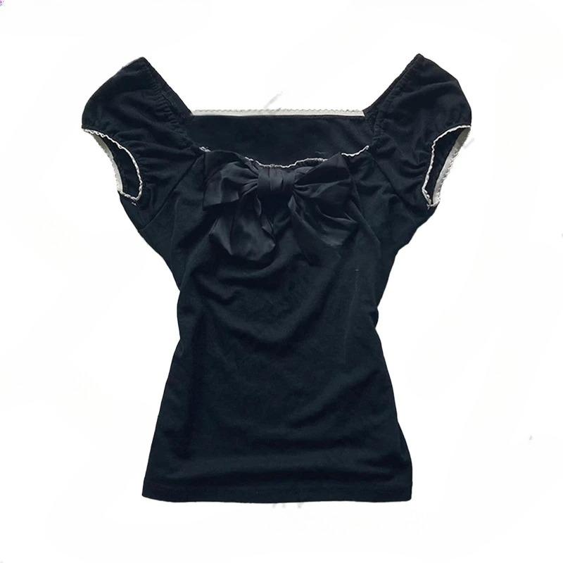 TrendHub Gothic Harajuku Y2K Women's Crop Top Casual Slim Fit Striped Lace Bow Button Design Short Sleeve T-Shirt Chic Trendy Streetwear