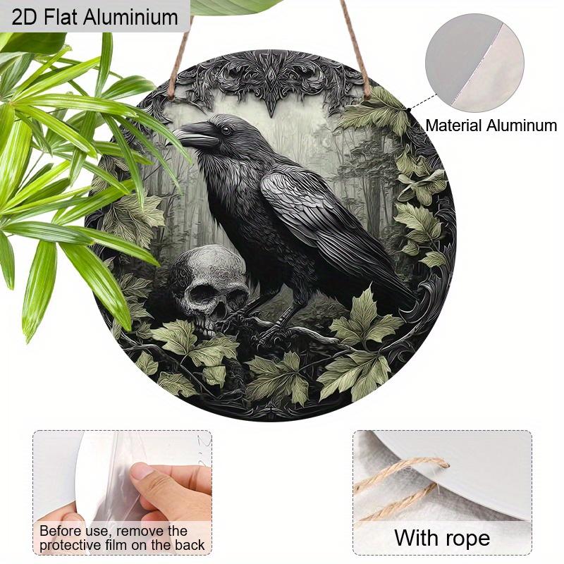 2D Flat Aluminium Retro Halloween Sign with Crow Pattern - Halloween Figurine Ornaments - Ideal for Front Door, Wall, Porch, Window Decor - Ideal