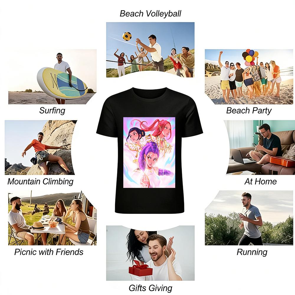 Anime Girl Group Print T-shirt Women Casual Loose Fit Top Trendy Cartoon Peripheral Streetwear Tee Pure cotton T-shirt