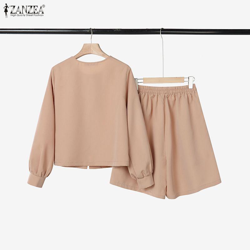 ZANZEA Damen Langarmbluse und Shorts Sommer Zweiteilige Anzugsets