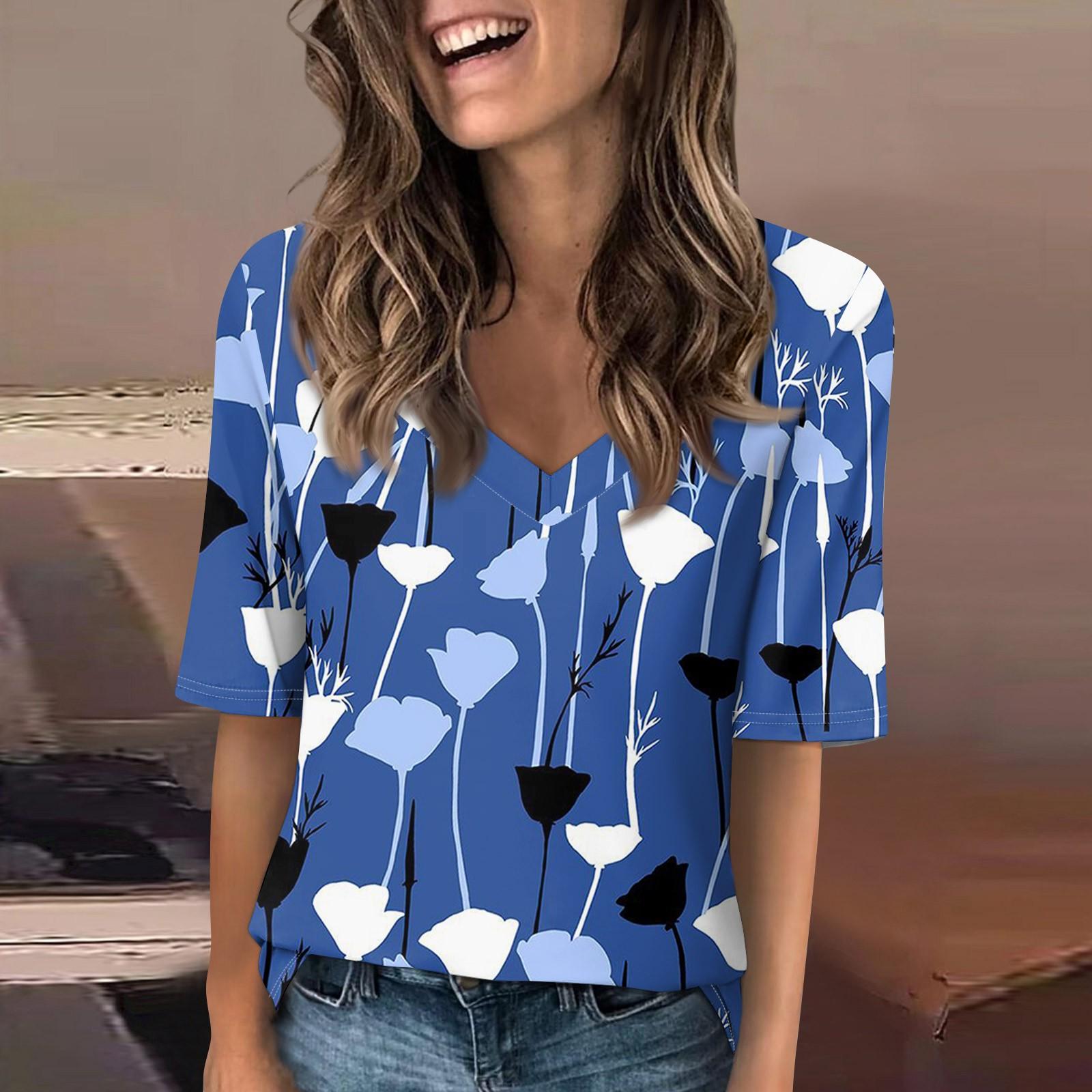 

Женская повседневная футболка с короткими рукавами и v-образным вырезом с принтом и четвертьрукавами, топ XXL синий