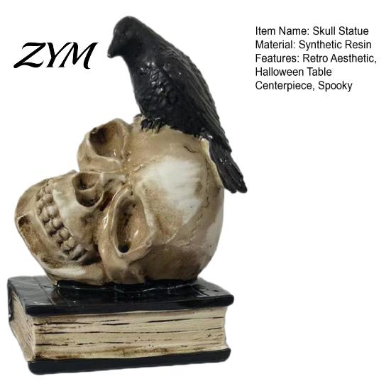 Spooky Bookshelf Display Figurines Halloween Skull Head Statue, Gothic Crow And Book Sculpture, Unique on Statue Gift Resin for Home Party Table