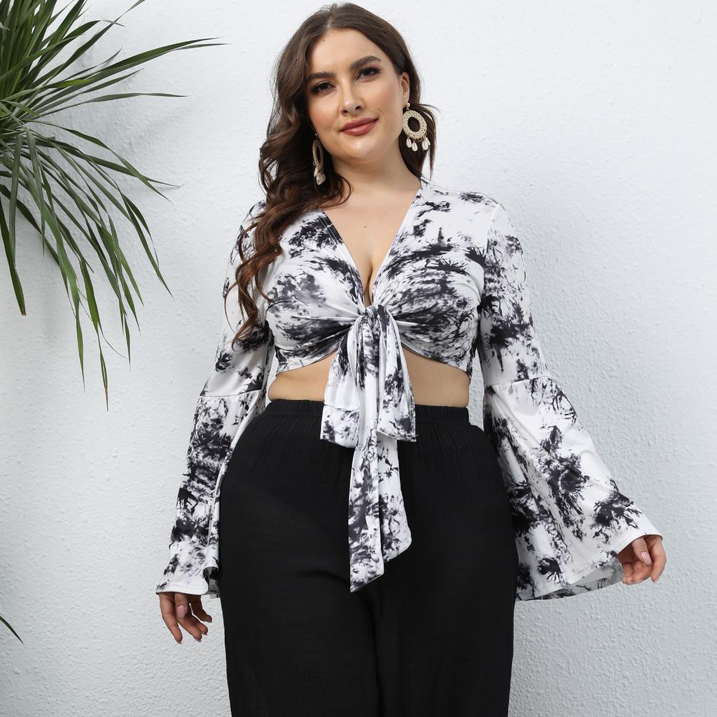 Tie-dye V-neck Long Sleeve for Women Criss-cross Back Tie Knot Short T-shirt Fashion Sexy Plus Long Sleeve Breathable Lightweight Comfortable Top