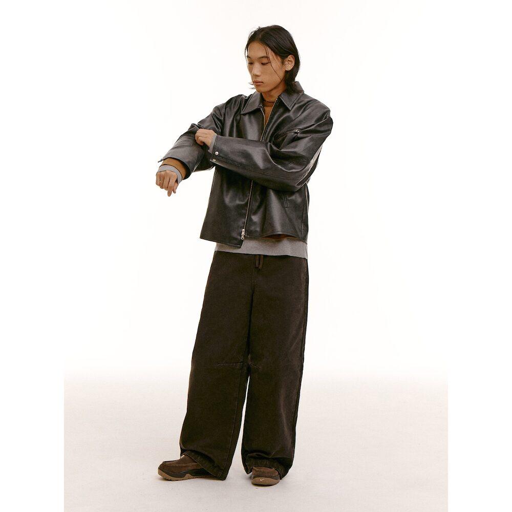 Saendeusaundeu (Unisex) Washed Cation Elastic Waist Balloon Pants Brown