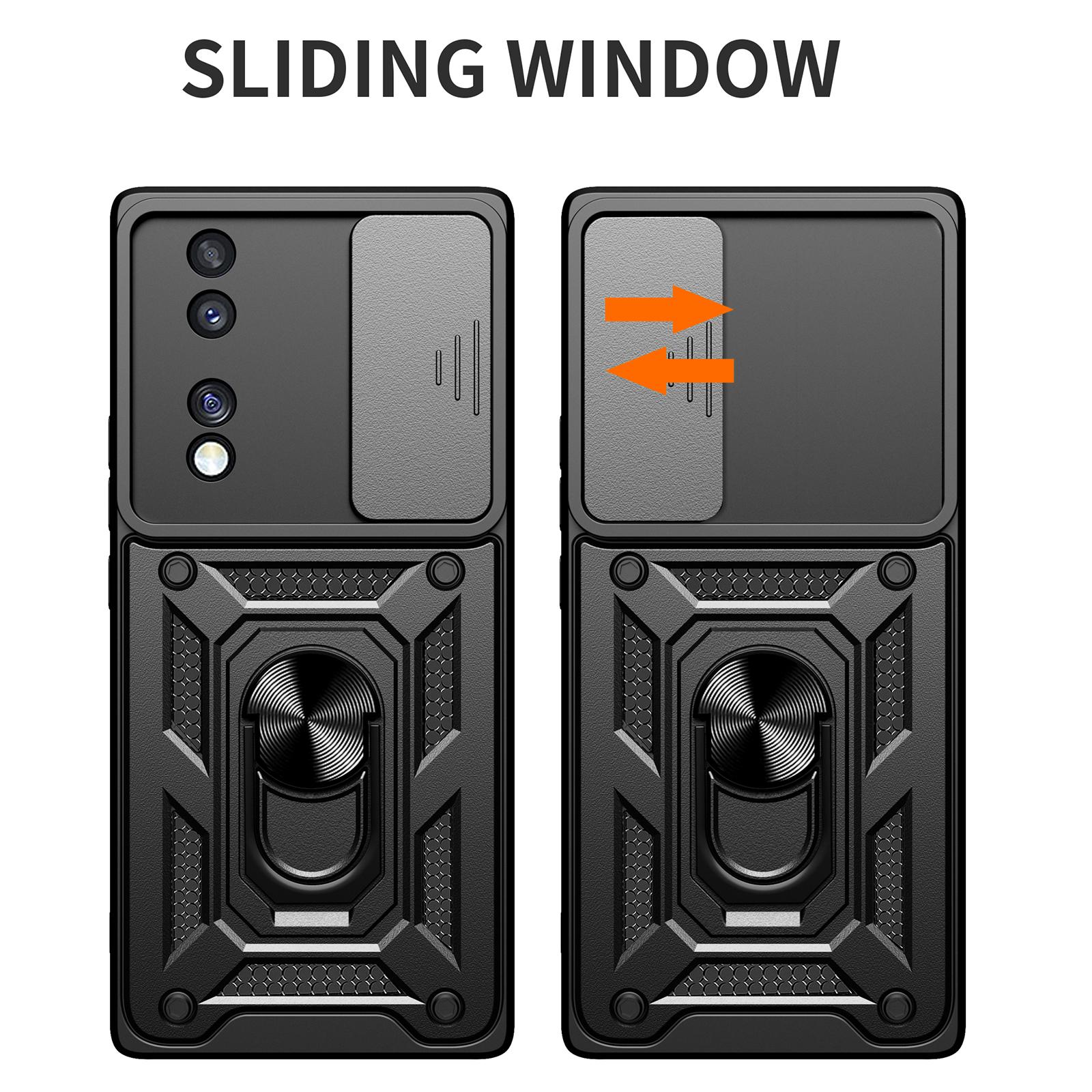 

For Honor 70 5G Phone Kickstand Case Slide Camera Lens Protection PC+TPU Cover Black
