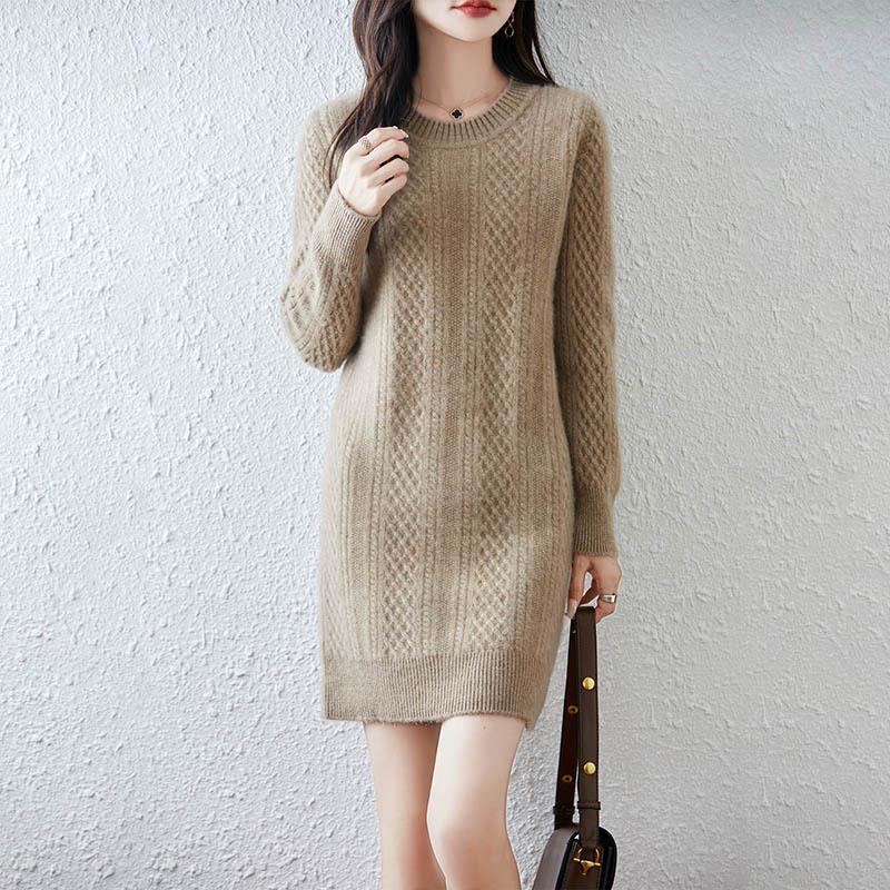 

Thickened 100% Wool Knitted Mid-Length Twist Pattern Dress for Women - Autumn/Winter Slimming Fashion S (90-100 kg)