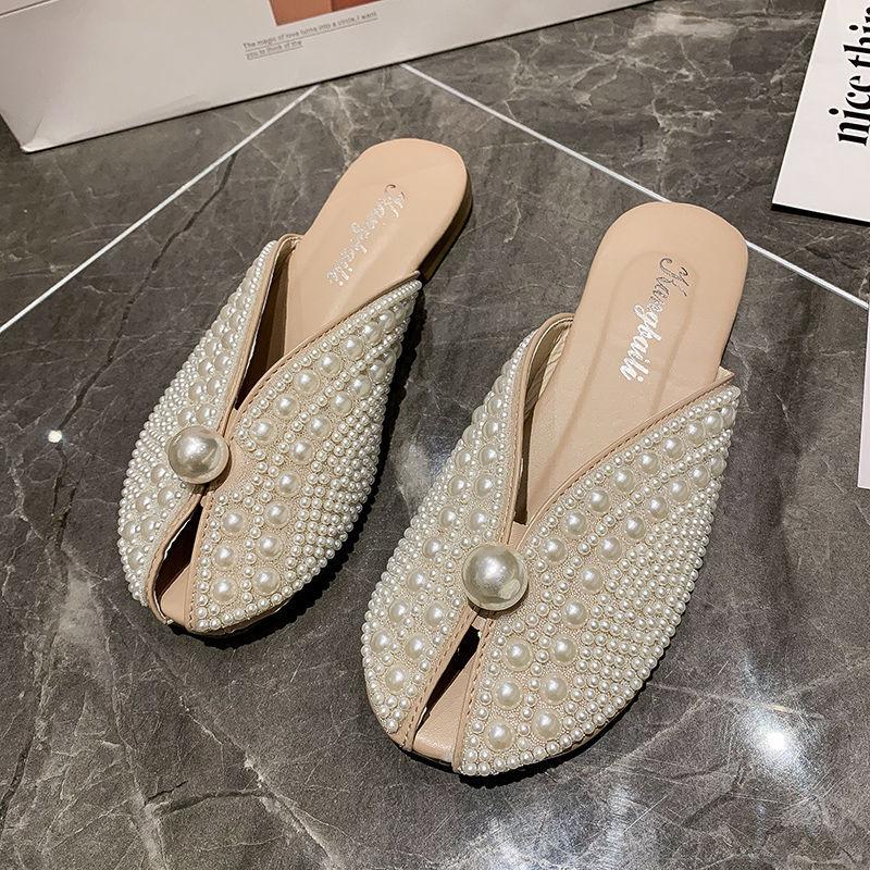 Slippers Summer New 2025 Fashion Rhinestone Home Women's Mules Shoes Elegant Mirror Luxury Designer Flat Low Sandals Woman House