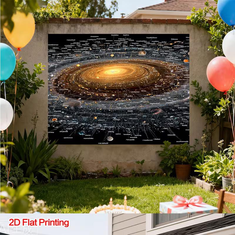 2D Space Galaxy Tapestry, Detailed Solar System with Planet Labels Background