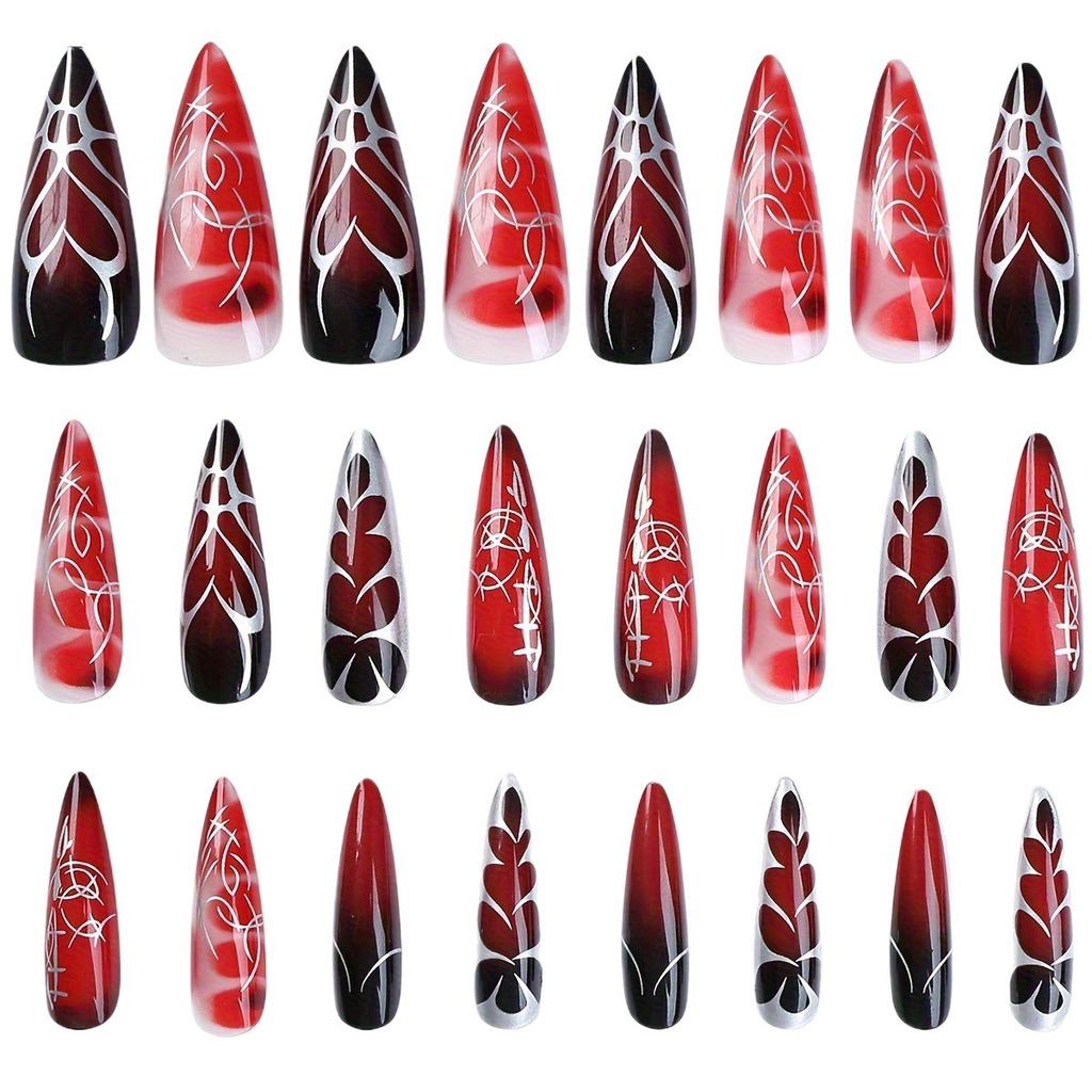 Red Press On Nails Long Stiletto Fake Nails with Designs Tips Almond False Nails Full Cover Acrylic Glue On Nails Reusable Stick On Nails for Women