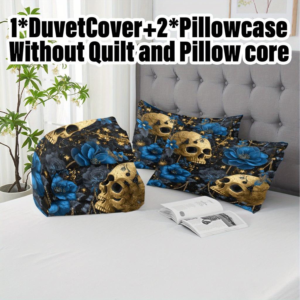3pcs Halloween Pumpkin Monster Duvet Cover Set Without Core, Quilt Cover with 2 PillowcasesLuxury Skull Design Bedding