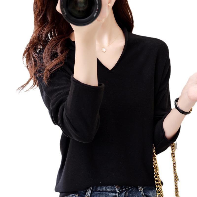Women's Cotton V-neck Long Sleeve Knit Top - Slimming, Versatile, Solid Color for Spring & Autumn