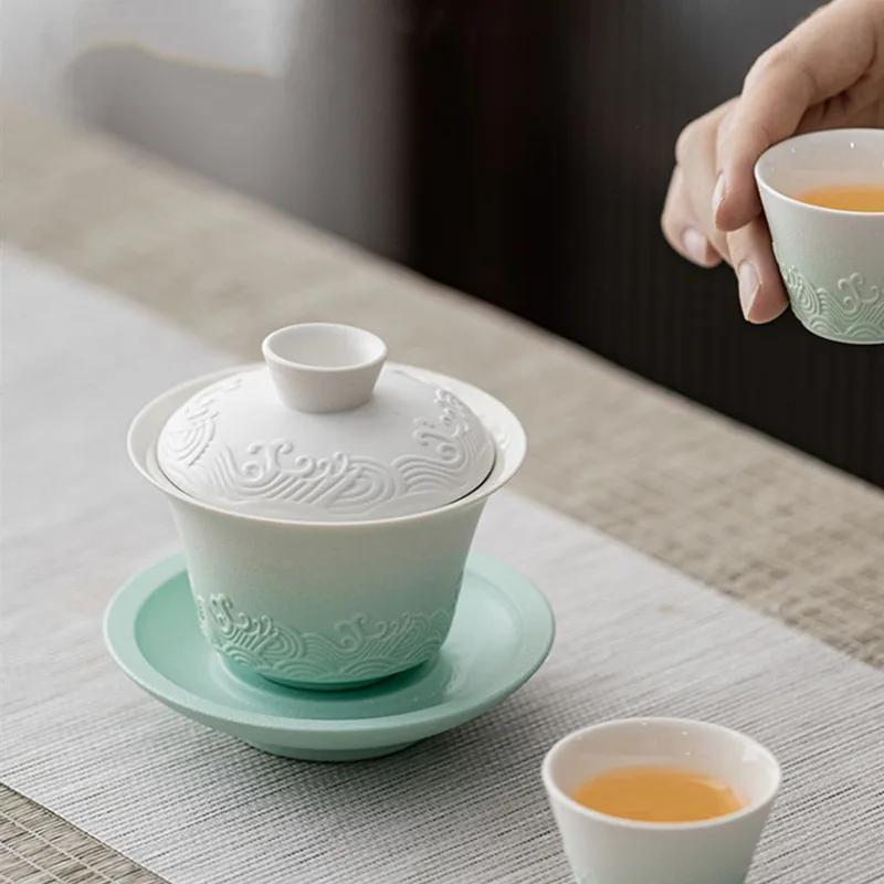 150ml Traditionelle Chinesische Keramik Gaiwan Teetasse Handgefertigt Meereswellen Teeschale Haushalt Schönheits Tee-Infuser Reise Tragbares Teegeschirr