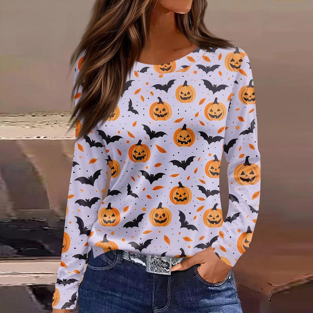 Damesmode Casual Split Zoom Ronde Hals Lange Mouw Los Halloween Bedrukt T-shirt Dames Top