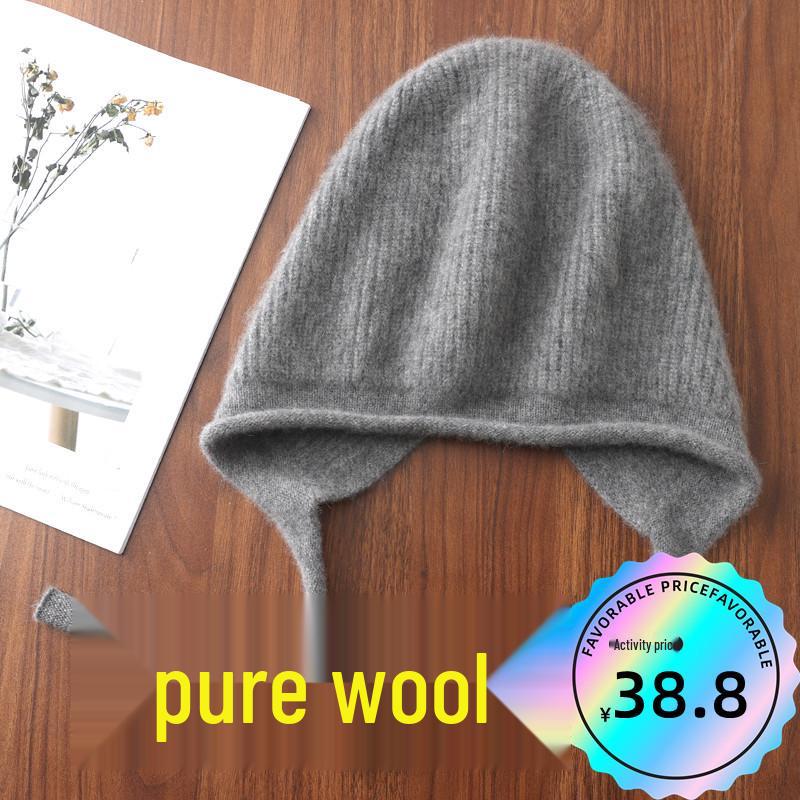 Women's Large Pure Wool Knitted Hat with Ear Protection - Warm, Thick, and Versatile for Autumn and Winter