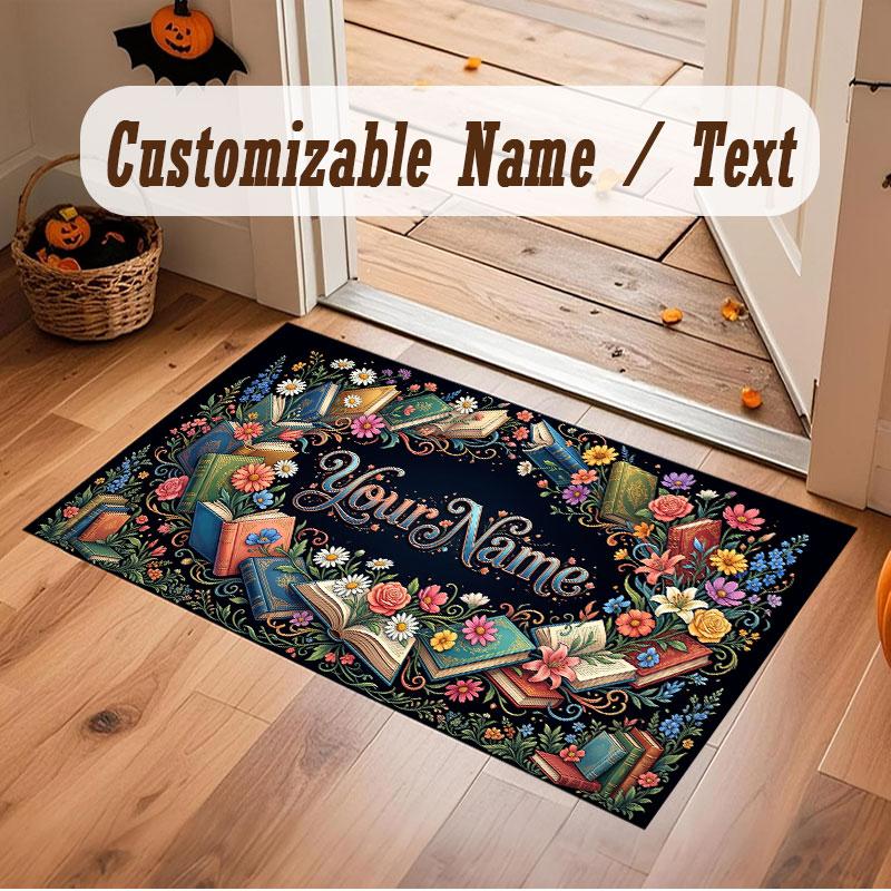 Floral Garden Theme Crystal Velvet Floor Rug Personalized Custom Name Text Warm Carpet Home Decoration
