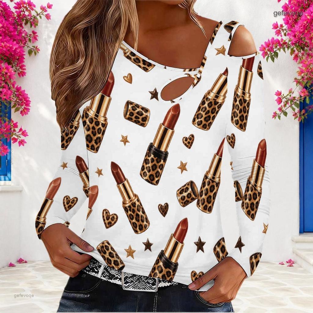 Women Plus Size Asymmetric Cutout Neck Cold Shoulder Long Sleeve Lipstick Leopard Print White Fitted Top