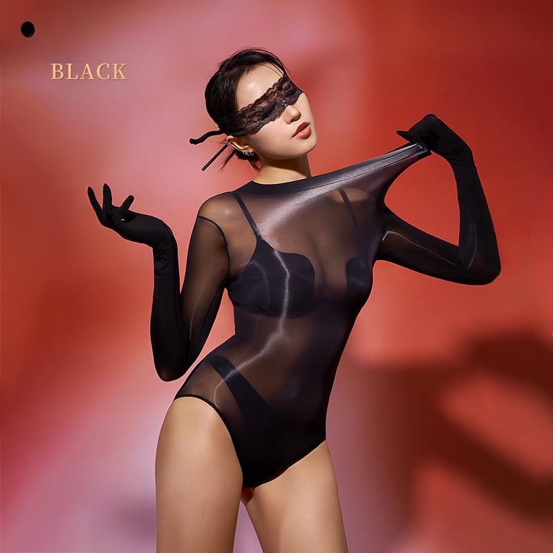 Seamless Shiny Silky High-Cut Bodysuit & Sexy Stockings Set - Large Size